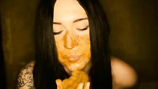 Alternative scat girl unloads thick steaming turd then sucks
