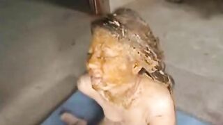 Asian cute girl pooping on friends face shit smearing all over