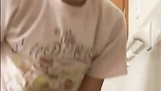Babe squats backwards on Toilet