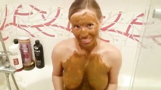 Big boobs blonde covering her body in shit and vomit