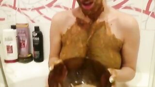 Big boobs blonde covering her body in shit and vomit