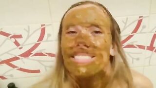 Big boobs blonde covering her body in shit and vomit