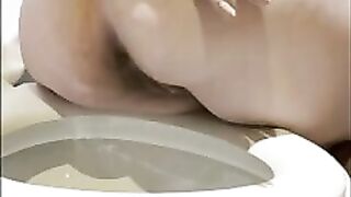 Chubby gal shits into her hand over the toilet