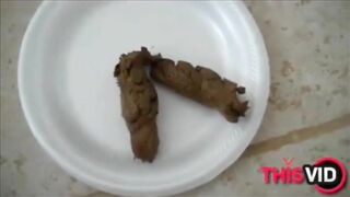 Blonde babe makes a big shit in a bowl