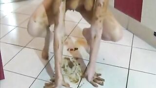 Filthy slut shitting on her own face and smearing that shit over