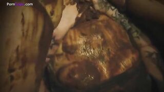Kinky scat brunette pissing shitting and smearing her own scat