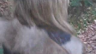 Blonde girl poop and pess in the forest