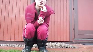 Brunette girl shitting outdoor