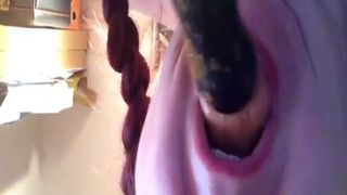 Sucking a shitty dildo