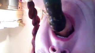 Sucking a shitty dildo